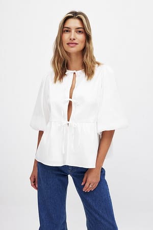 White Tie Front Puff Shoulder Blouse