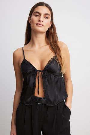 Black Tie Front Satin Top