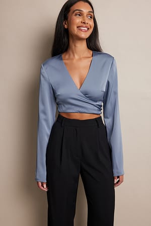 Blue Tie Back V-neck Satin Blouse