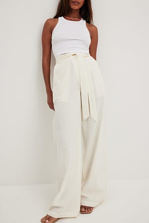 Offwhite Tie Waist Wide Leg Trousers