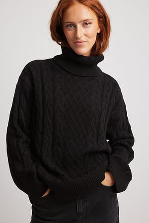 Black Turtle Neck Knitted Cable Sweater