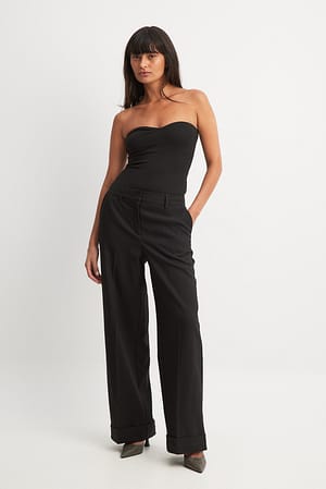 Black Straight Mid Waist Fold Up Pants