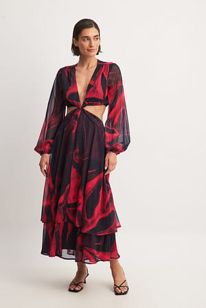 Red Print Twist Front Flounce Midi Dress