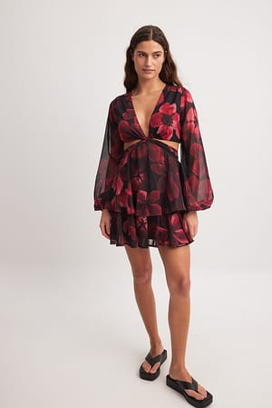 Flower Print Twist Front Flounce Mini Dress