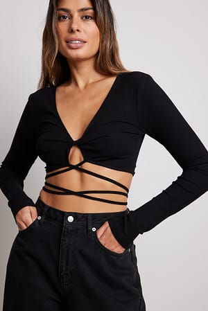 Black Twisted Strap Rib Detail Top