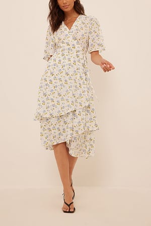 Blue Flower Two Layers Chiffon Midi Dress