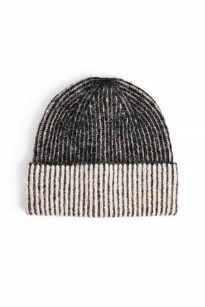 Beige/Black Two Toned Wool Blend Ribbed Beanie