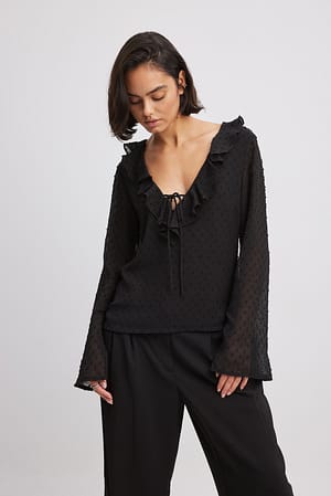 Black V-neck Frill Blouse