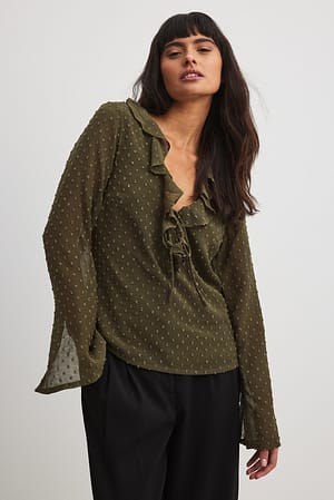 Green V-neck Frill Blouse