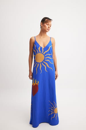 Blue Print V-neck Maxi Dress