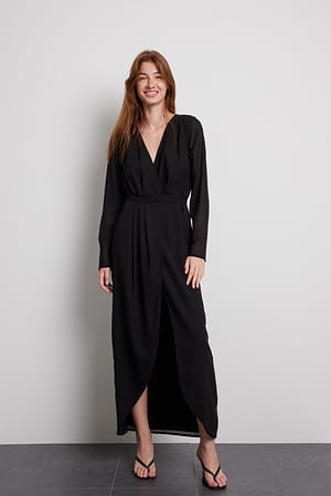 Black V-neck Overlap Maxi Dress