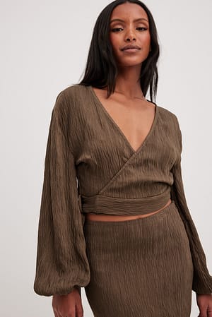 Brown V-neck Overlap Tie Front Blouse