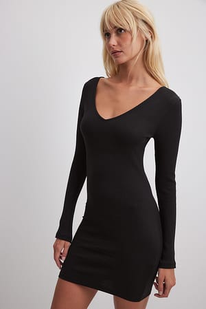 Black V-Neck Rib Long Sleeved Mini Dress