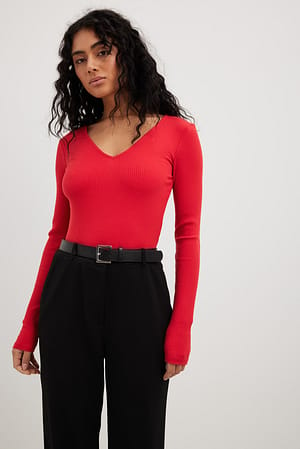 Red V-Neck Ribbed Long Sleeve Top