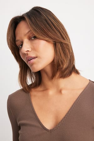 Brown V-Neck Ribbed Long Sleeve Top