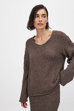 Brown Structured Knitted V-Neck Sweater