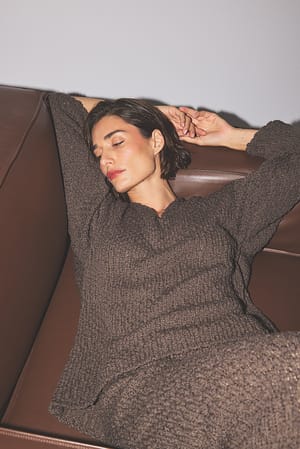 Brown Structured Knitted V-Neck Sweater