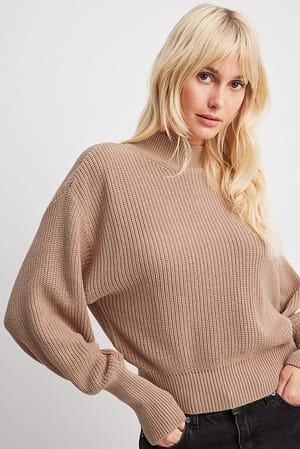 Beige Volume Sleeve High Neck Knitted Sweater