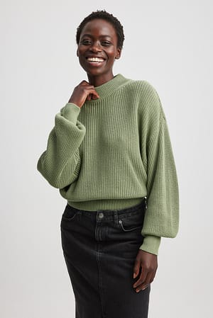 Khaki Volume Sleeve High Neck Knitted Sweater