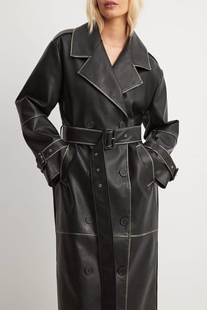 Black Washed Out Pu Trenchcoat