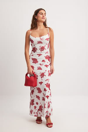 Red Roses Everywhere Waterfall Mesh Maxi Dress