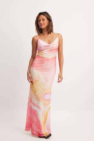 Red/Yellow Print Waterfall Mesh Maxi Dress