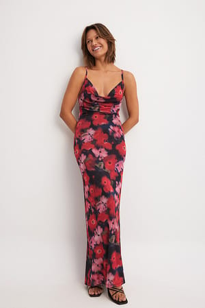 Big Flower Print Waterfall Mesh Maxi Dress