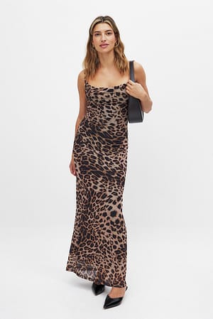 Leopard Waterfall Mesh Maxi Dress