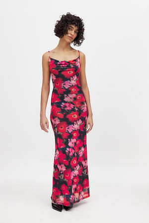 Big Flower Print Waterfall Mesh Maxi Dress