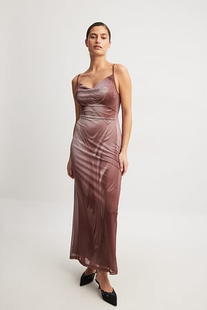 Body Print Waterfall Mesh Maxi Dress