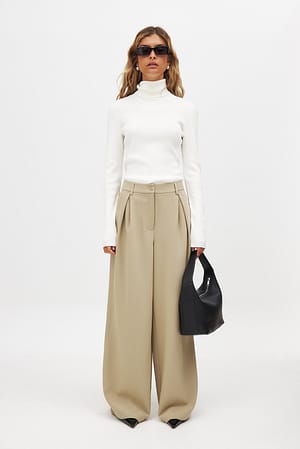 Khaki Beige Wide High Waist Suit Pants