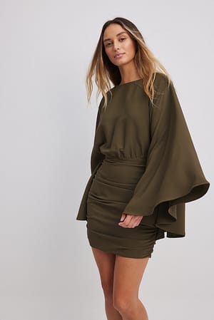 Green Wide Sleeve Draped Mini Dress