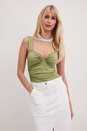 Green Wide Strap Rouched Side Top