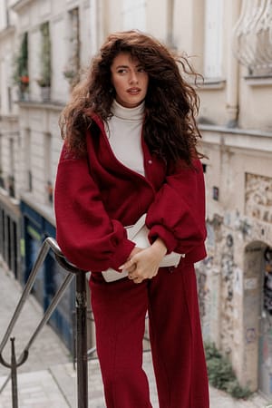 Dark Red Wool Blend Bomber Jacket