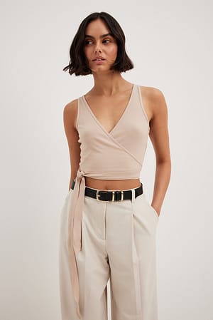 Beige Wrap Detail Rib Singlet