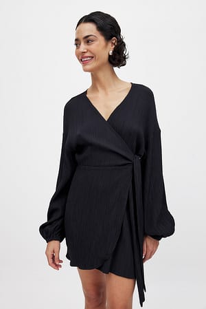 Black Wrap Dress in Crinkle Structure