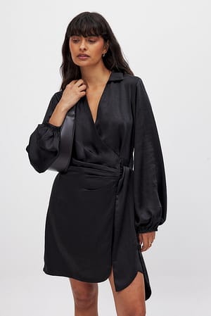 Black Wrap Satin Mini Dress