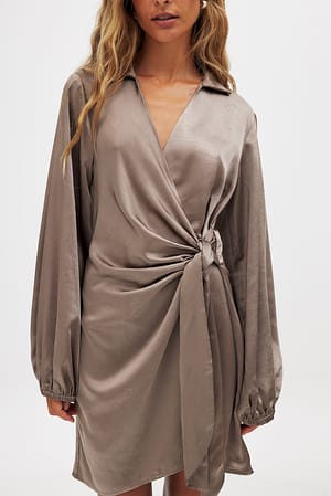 Taupe Wrap Satin Mini Dress