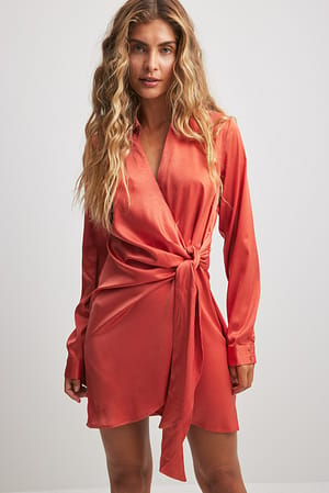 Rust Wrap Satin Shirt Dress