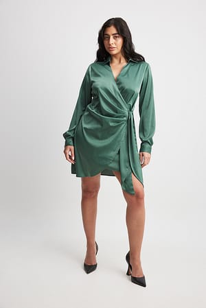 Teal Wrap Satin Shirt Dress